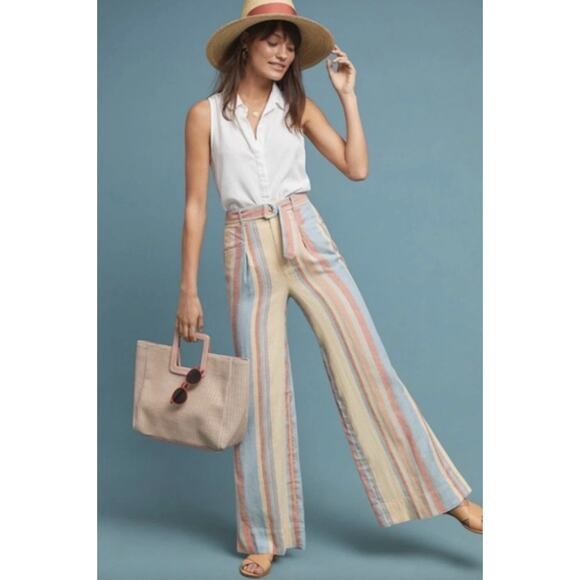 Anthropologie Beachy Striped Wide Leg Pants Linen Blend Womens Size 8 - Picture 1 of 8